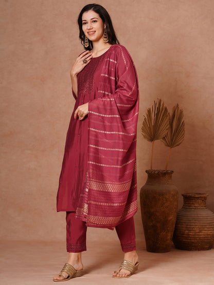 Solid Ethnic Embroidered Straight Fit Kurta with Pant and Jacquard Dupatta - Maroon