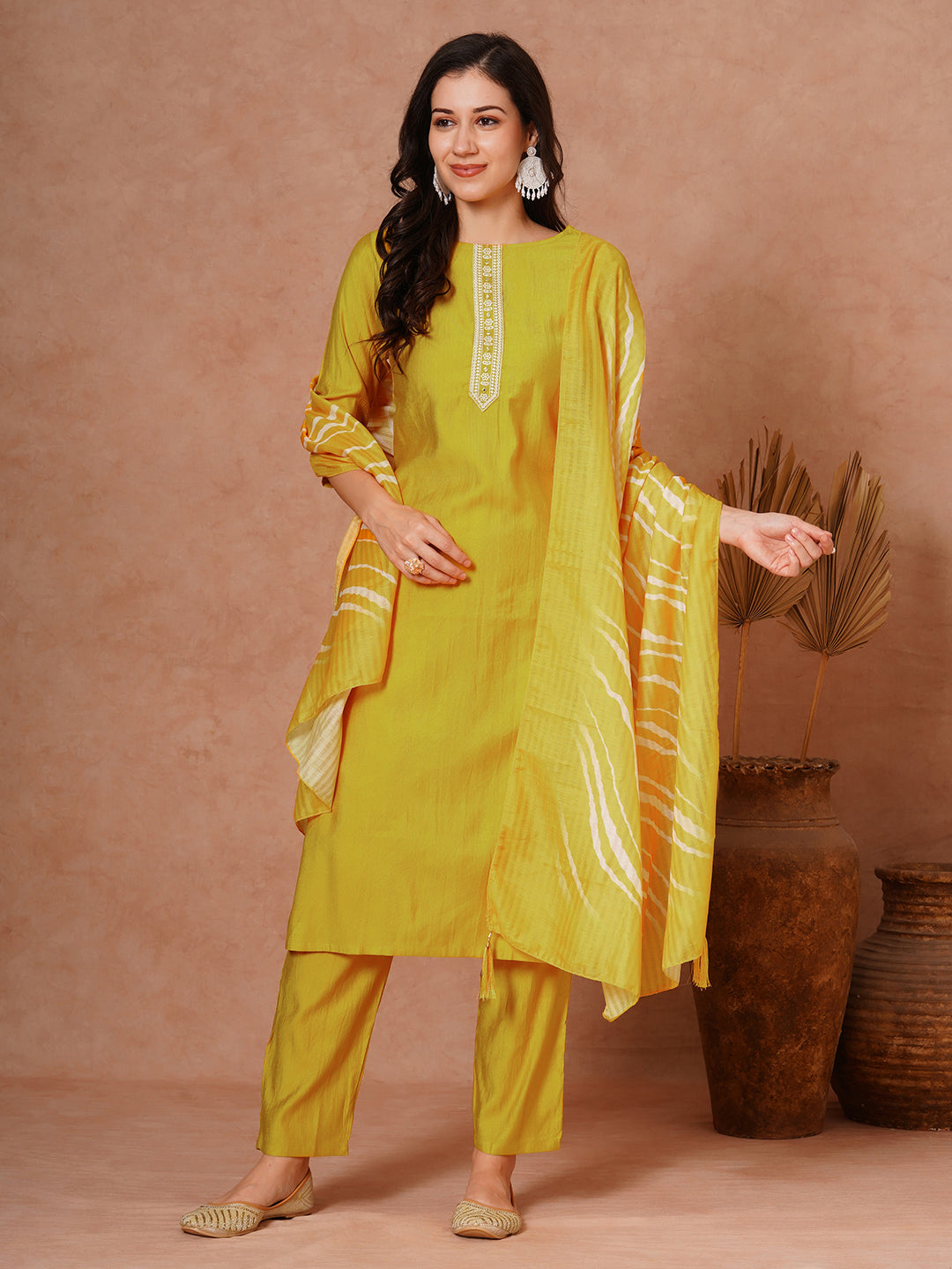 Solid Ethnic Embroidered Straight Fit Kurta with Pant and Leheriya Dupatta - Yellow