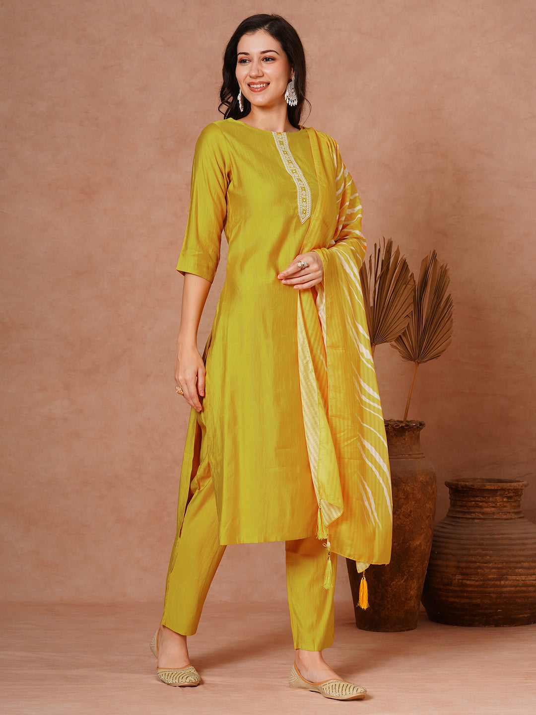 Solid Ethnic Embroidered Straight Fit Kurta with Pant and Leheriya Dupatta - Yellow