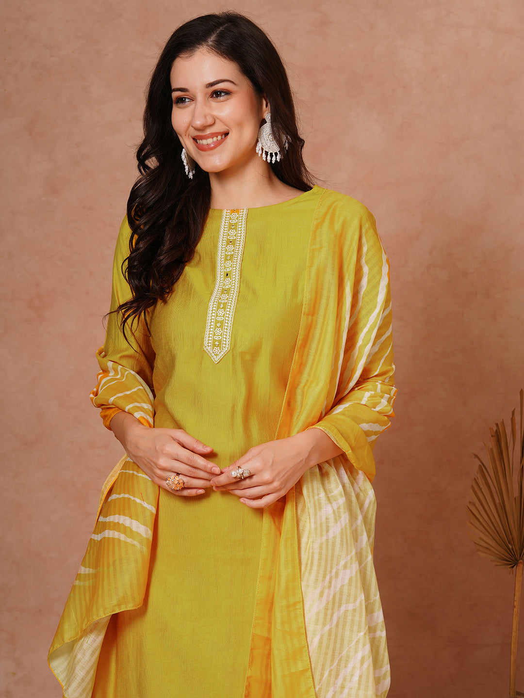 Solid Ethnic Embroidered Straight Fit Kurta with Pant and Leheriya Dupatta - Yellow