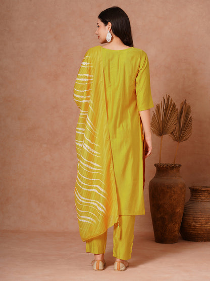 Solid Ethnic Embroidered Straight Fit Kurta with Pant and Leheriya Dupatta - Yellow