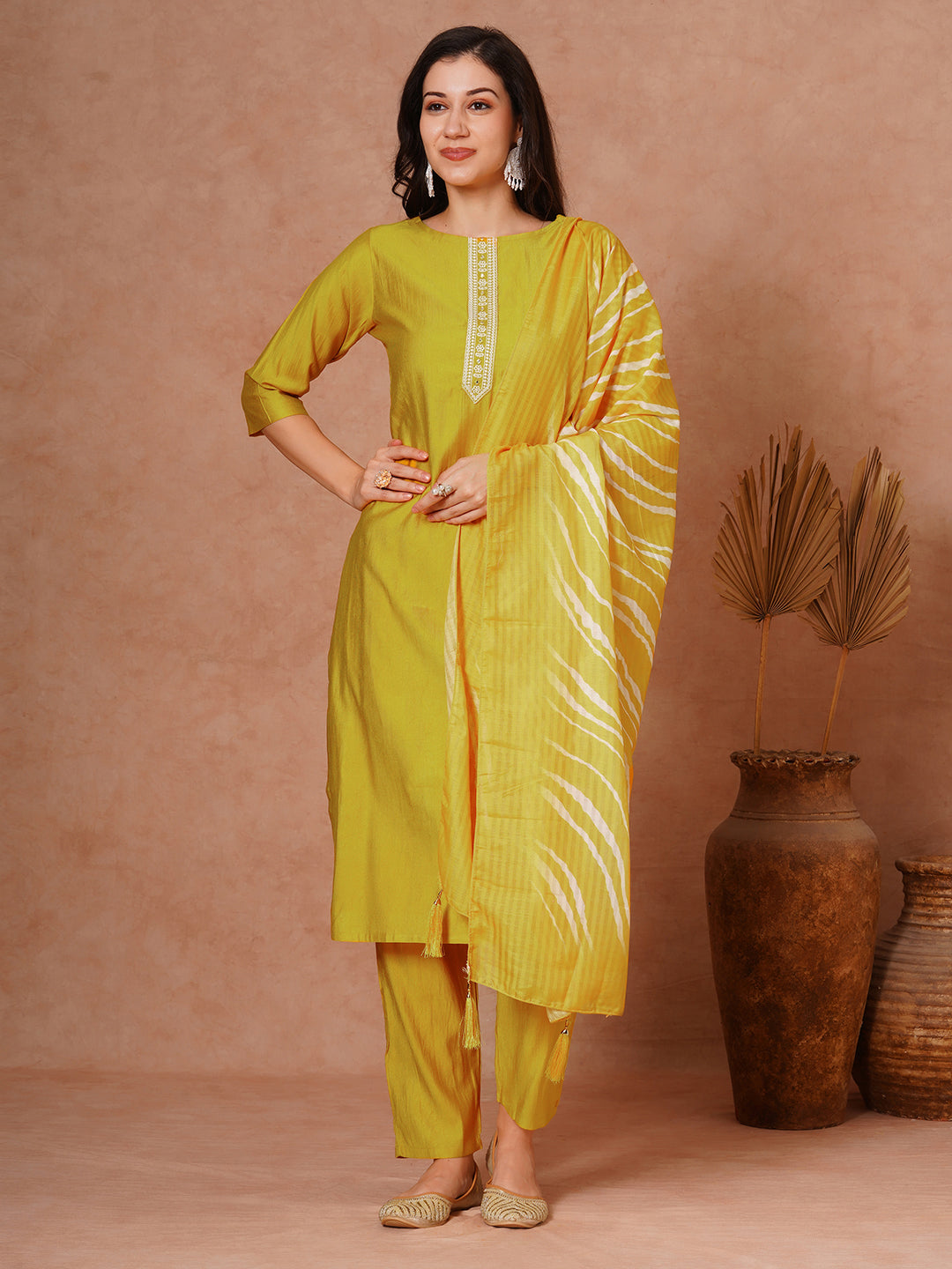 Solid Ethnic Embroidered Straight Fit Kurta with Pant and Leheriya Dupatta - Yellow