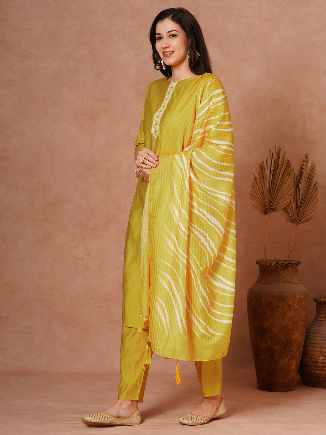 Solid Ethnic Embroidered Straight Fit Kurta with Pant and Leheriya Dupatta - Yellow