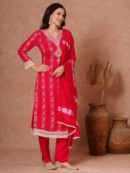 Ethnic Printed & Embroidered Straight Fit Kurta with Pant and Dupatta - Pink