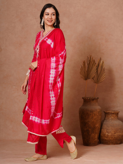 Ethnic Printed & Embroidered Straight Fit Kurta with Pant and Dupatta - Pink