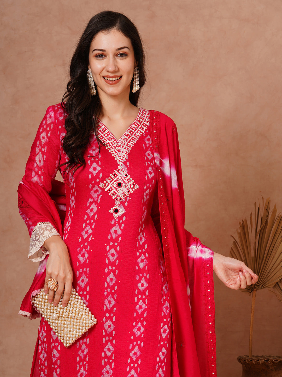 Ethnic Printed & Embroidered Straight Fit Kurta with Pant and Dupatta - Pink