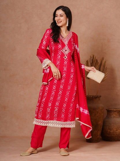 Ethnic Printed & Embroidered Straight Fit Kurta with Pant and Dupatta - Pink