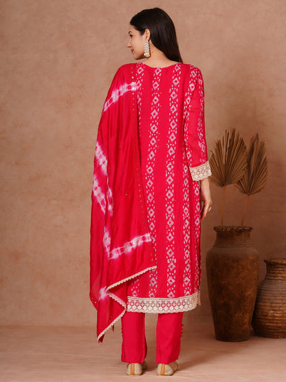 Ethnic Printed & Embroidered Straight Fit Kurta with Pant and Dupatta - Pink