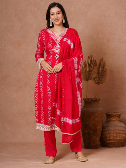 Ethnic Printed & Embroidered Straight Fit Kurta with Pant and Dupatta - Pink