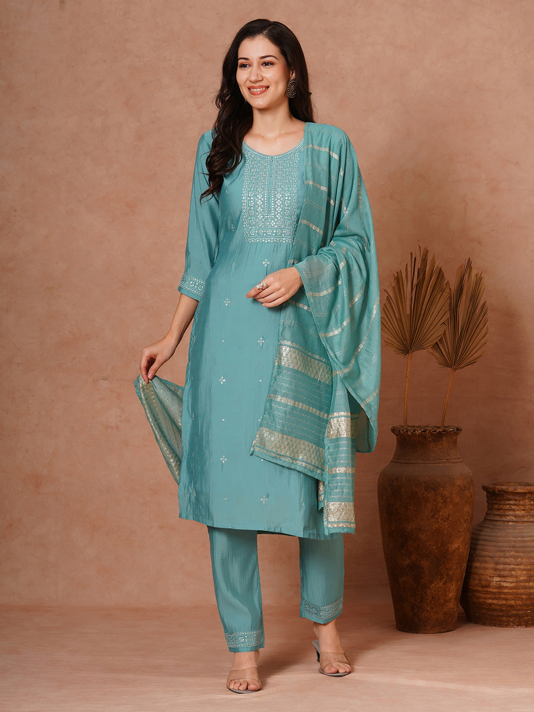 Solid Ethnic Embroidered Straight Fit Kurta with Pant and Jacquard Dupatta - Turquoise Blue