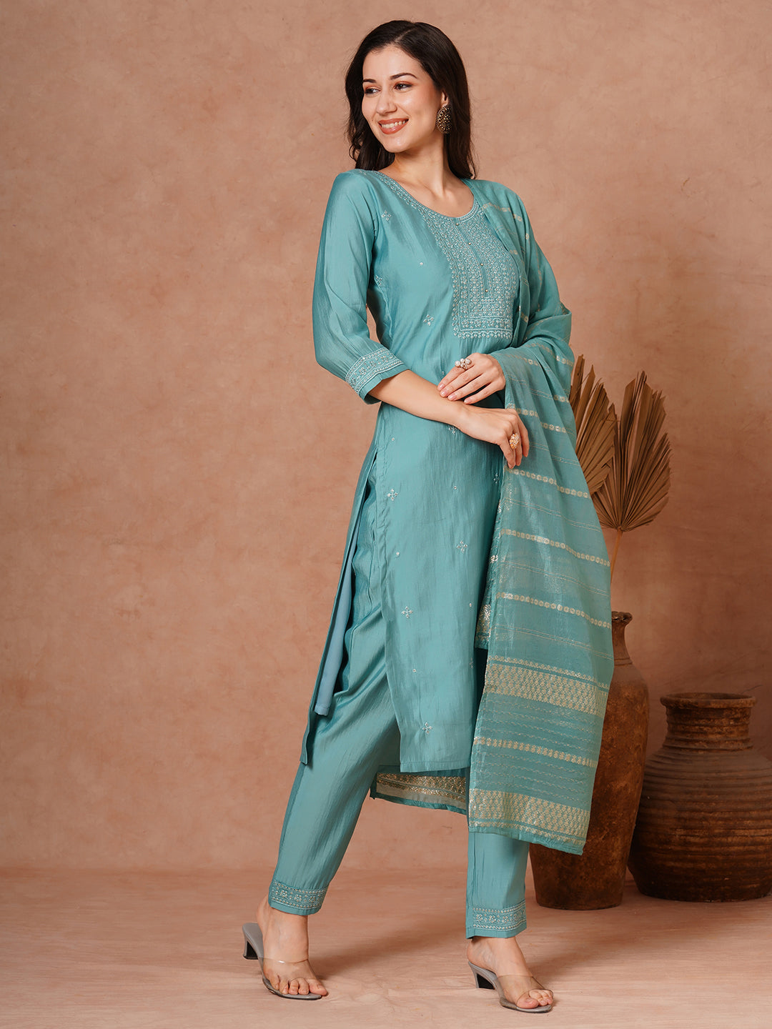 Solid Ethnic Embroidered Straight Fit Kurta with Pant and Jacquard Dupatta - Turquoise Blue