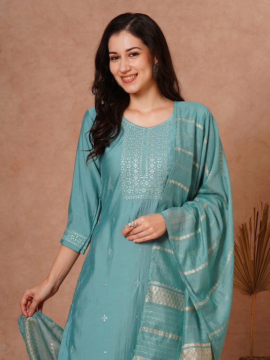 Solid Ethnic Embroidered Straight Fit Kurta with Pant and Jacquard Dupatta - Turquoise Blue