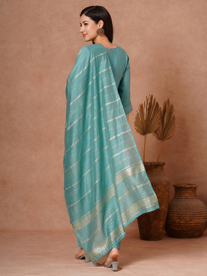 Solid Ethnic Embroidered Straight Fit Kurta with Pant and Jacquard Dupatta - Turquoise Blue