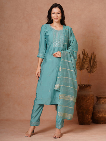 Solid Ethnic Embroidered Straight Fit Kurta with Pant and Jacquard Dupatta - Turquoise Blue