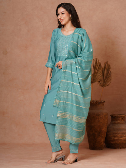 Solid Ethnic Embroidered Straight Fit Kurta with Pant and Jacquard Dupatta - Turquoise Blue