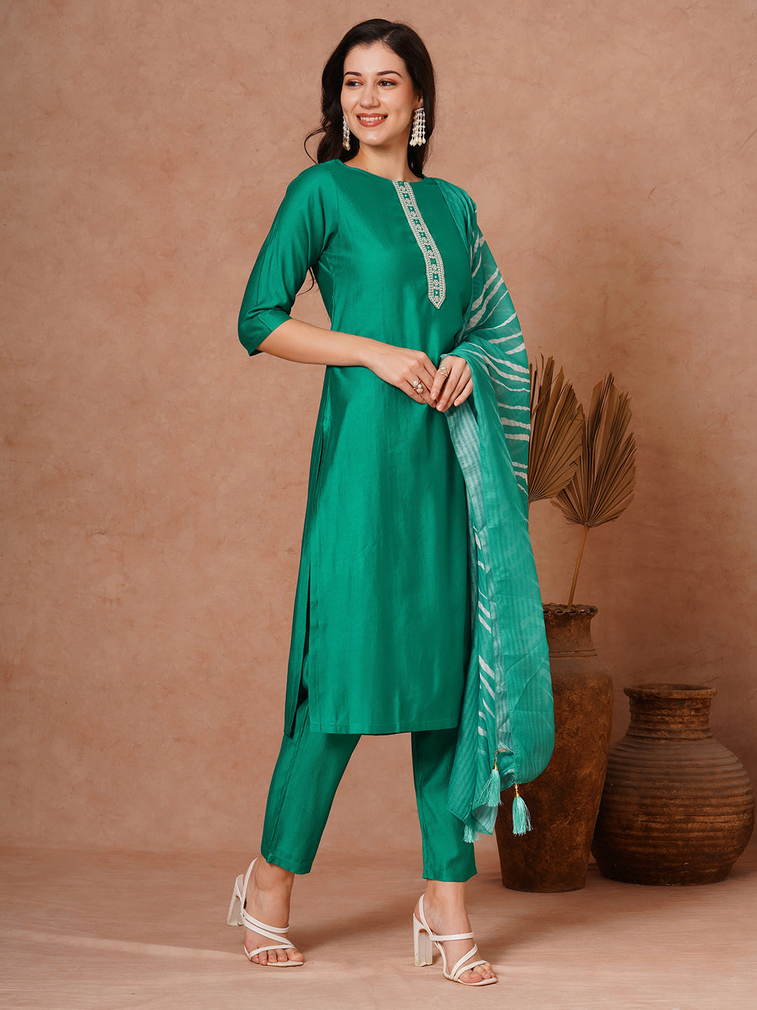 Solid Ethnic Embroidered Straight Fit Kurta with Pant and Leheriya Dupatta - Green