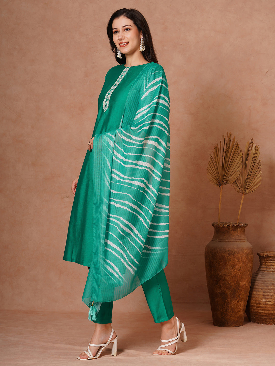 Solid Ethnic Embroidered Straight Fit Kurta with Pant and Leheriya Dupatta - Green