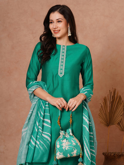 Solid Ethnic Embroidered Straight Fit Kurta with Pant and Leheriya Dupatta - Green