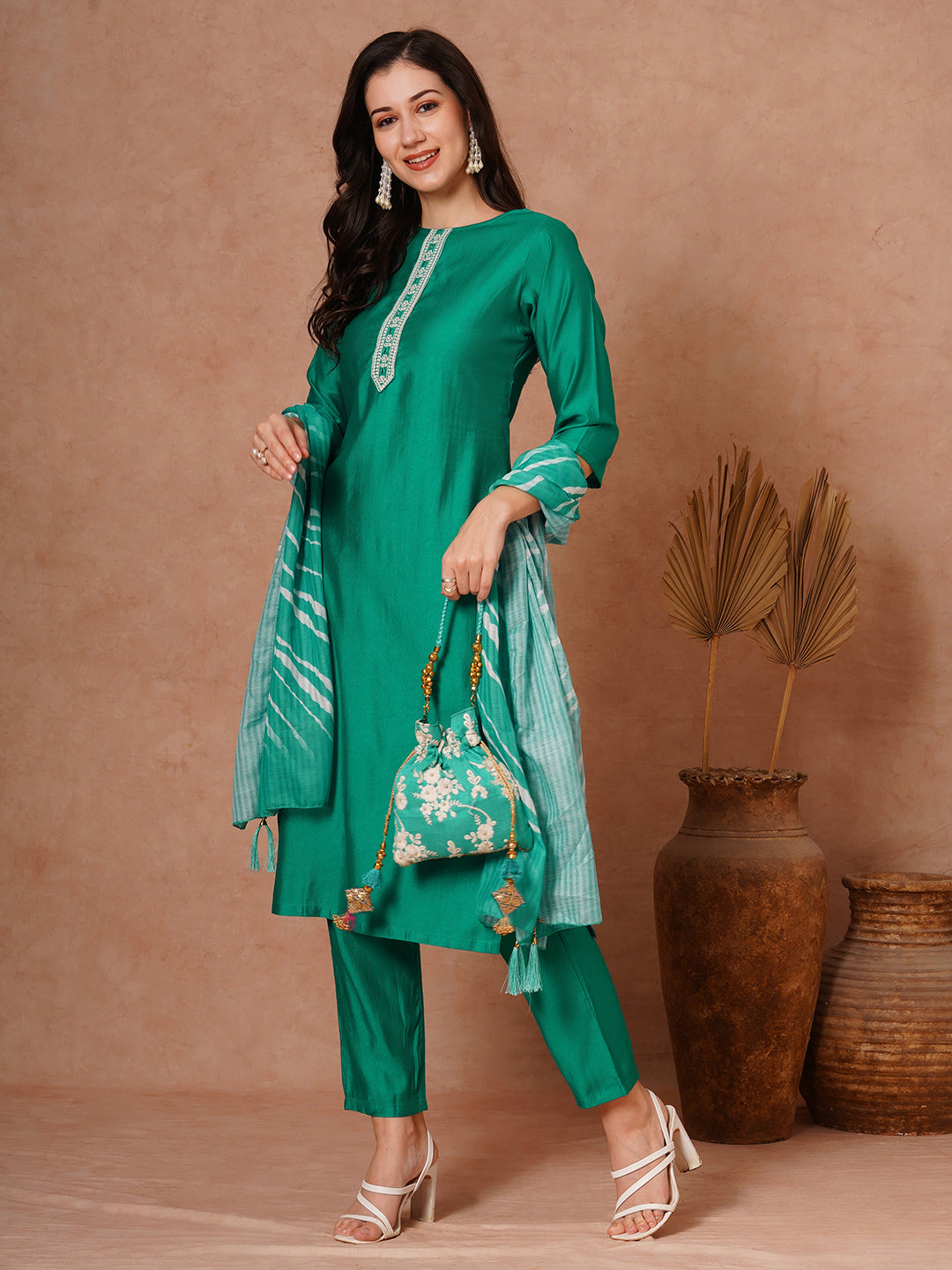 Solid Ethnic Embroidered Straight Fit Kurta with Pant and Leheriya Dupatta - Green