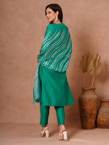 Solid Ethnic Embroidered Straight Fit Kurta with Pant and Leheriya Dupatta - Green