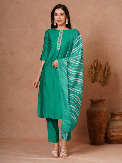 Solid Ethnic Embroidered Straight Fit Kurta with Pant and Leheriya Dupatta - Green