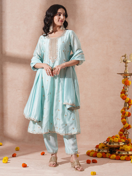 Ethnic Embroidered Anarkali Flared Kurta with Pant and Dupatta - Cyan Blue