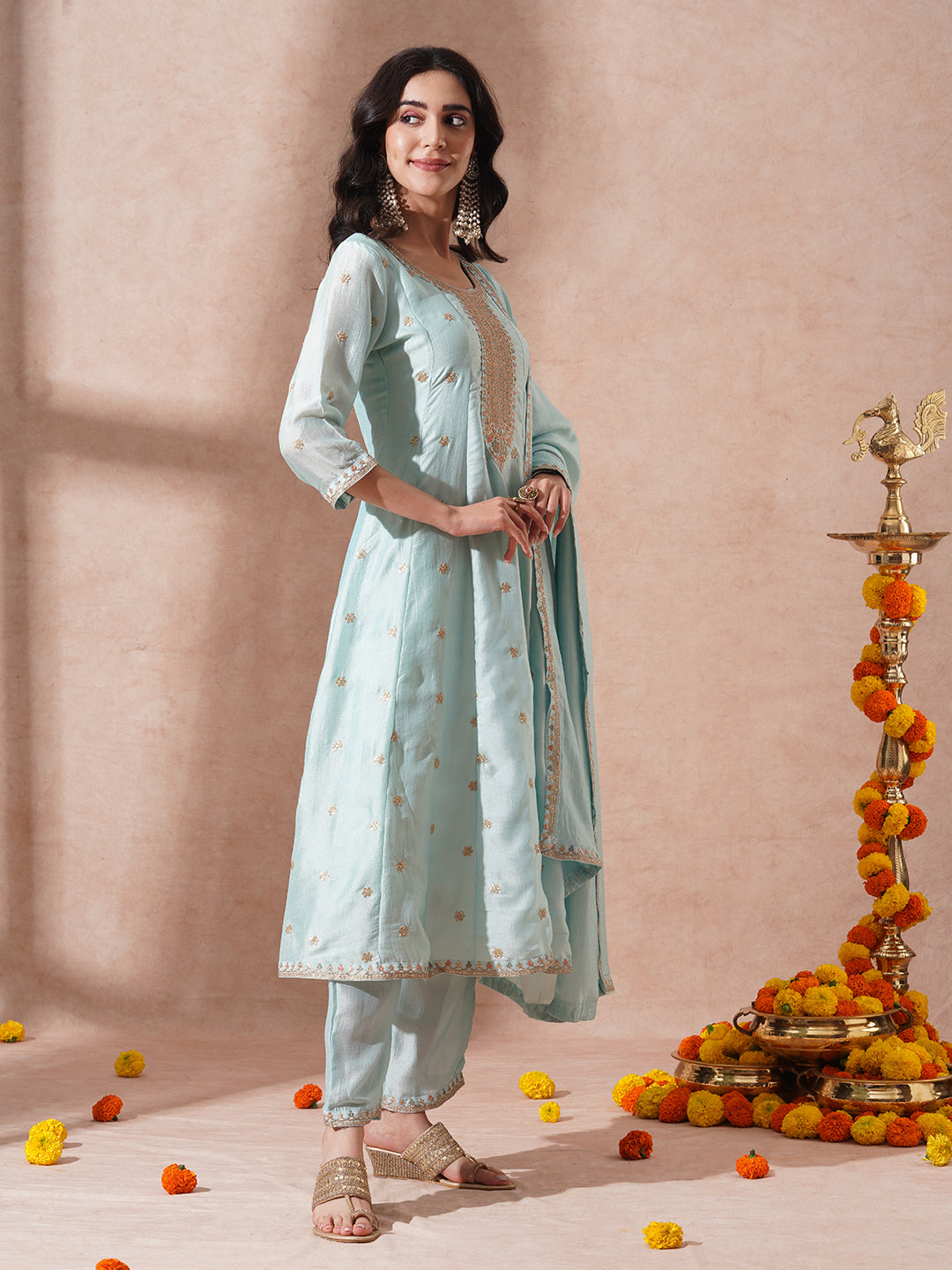 Ethnic Embroidered Anarkali Flared Kurta with Pant and Dupatta - Cyan Blue