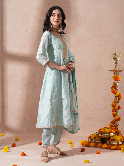 Ethnic Embroidered Anarkali Flared Kurta with Pant and Dupatta - Cyan Blue