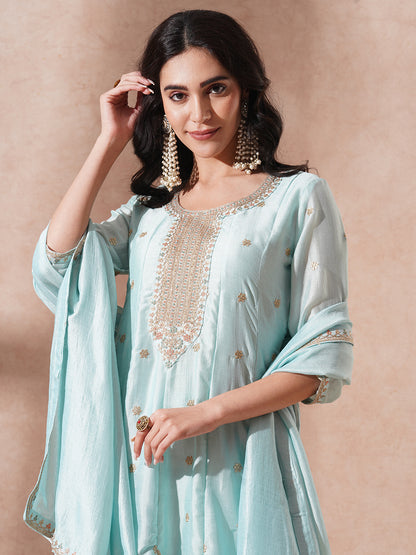 Ethnic Embroidered Anarkali Flared Kurta with Pant and Dupatta - Cyan Blue