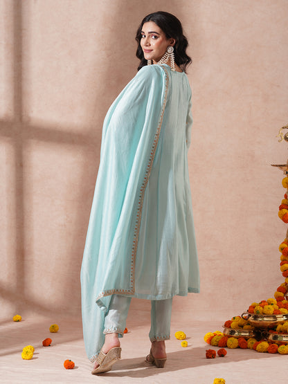 Ethnic Embroidered Anarkali Flared Kurta with Pant and Dupatta - Cyan Blue