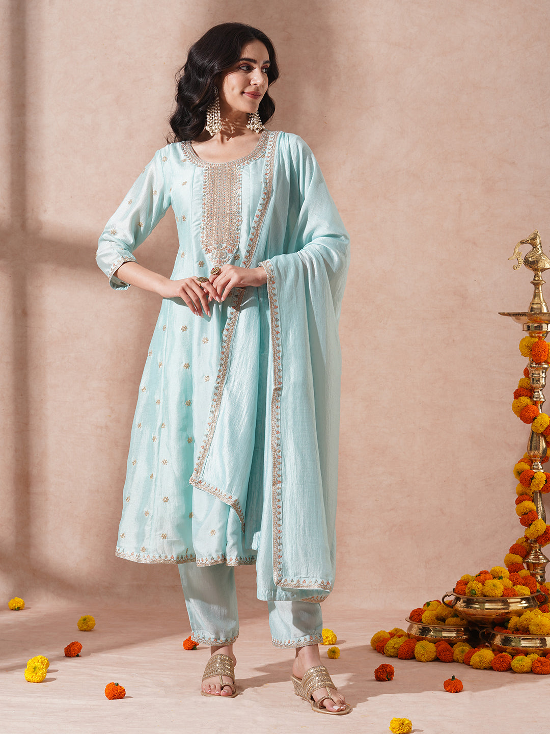 Ethnic Embroidered Anarkali Flared Kurta with Pant and Dupatta - Cyan Blue