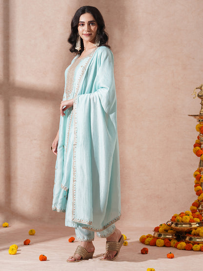 Ethnic Embroidered Anarkali Flared Kurta with Pant and Dupatta - Cyan Blue