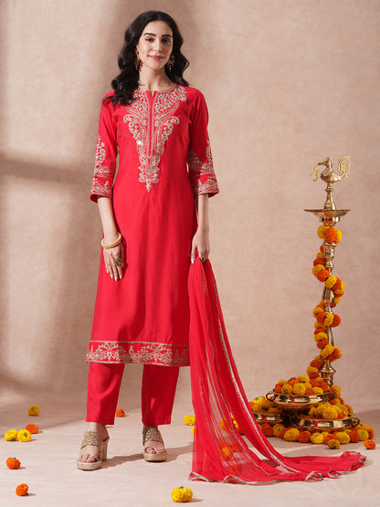 Solid Ethnic Embroidered Straight Fit Kurta with Pant and Dupatta - Red