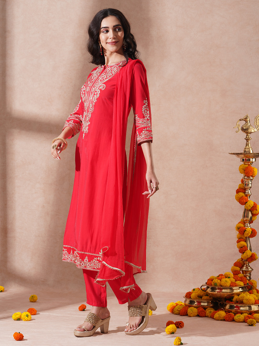 Solid Ethnic Embroidered Straight Fit Kurta with Pant and Dupatta - Red