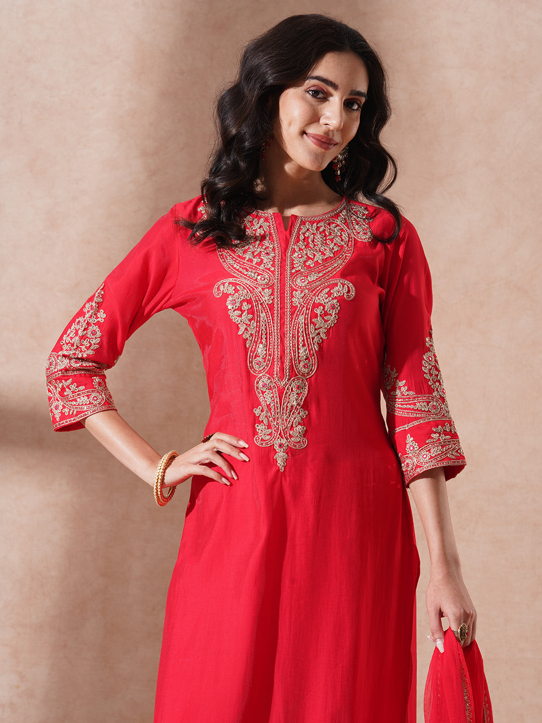 Solid Ethnic Embroidered Straight Fit Kurta with Pant and Dupatta - Red