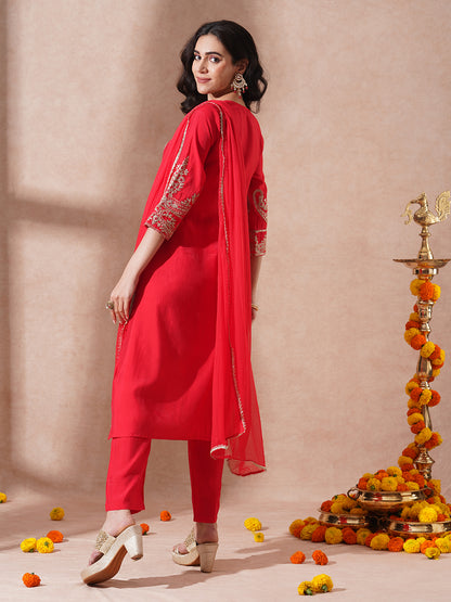 Solid Ethnic Embroidered Straight Fit Kurta with Pant and Dupatta - Red