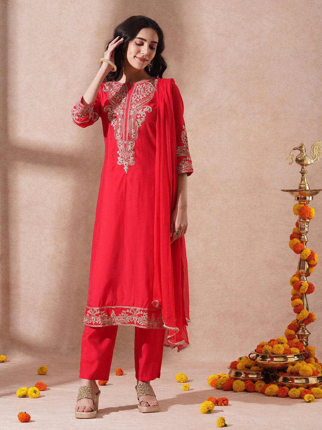 Solid Ethnic Embroidered Straight Fit Kurta with Pant and Dupatta - Red