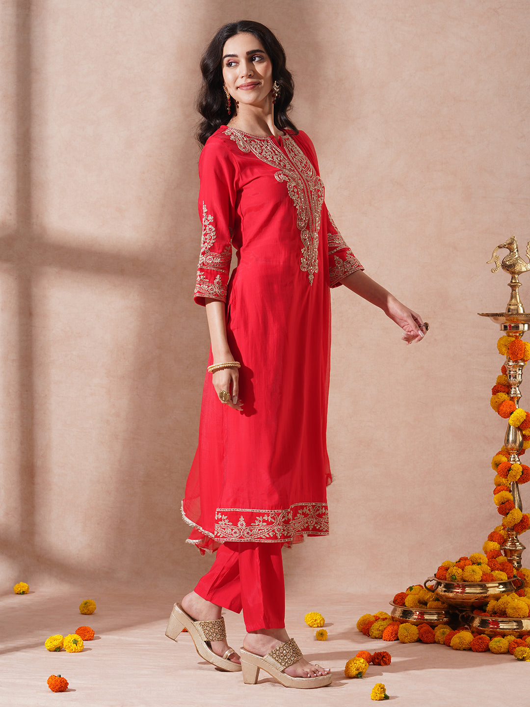 Solid Ethnic Embroidered Straight Fit Kurta with Pant and Dupatta - Red