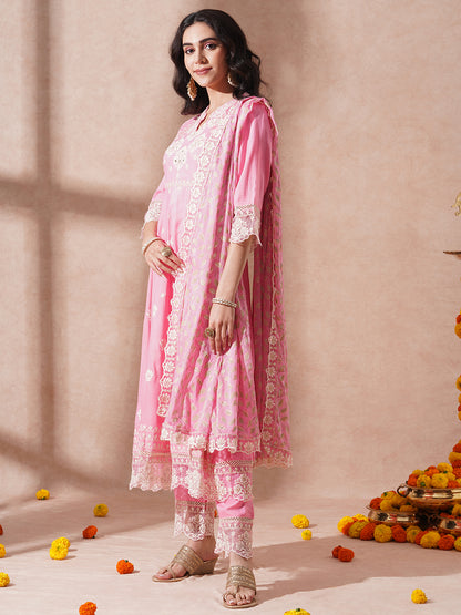 Solid Ethnic Embroidered A-Line Paneled Kurta with Palazzo & Dupatta - Pink