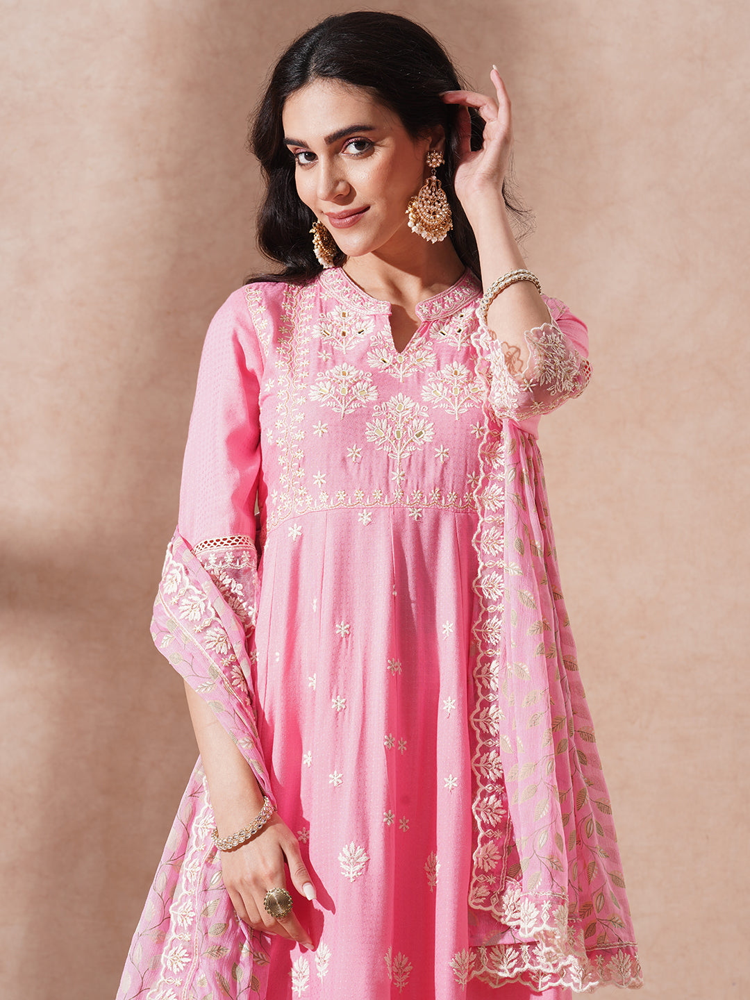 Solid Ethnic Embroidered A-Line Paneled Kurta with Palazzo & Dupatta - Pink