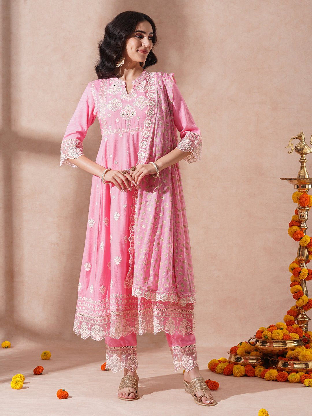 Solid Ethnic Embroidered A-Line Paneled Kurta with Palazzo & Dupatta - Pink