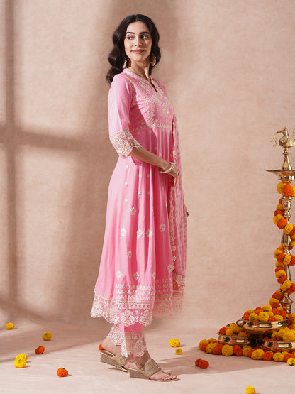 Solid Ethnic Embroidered A-Line Paneled Kurta with Palazzo & Dupatta - Pink