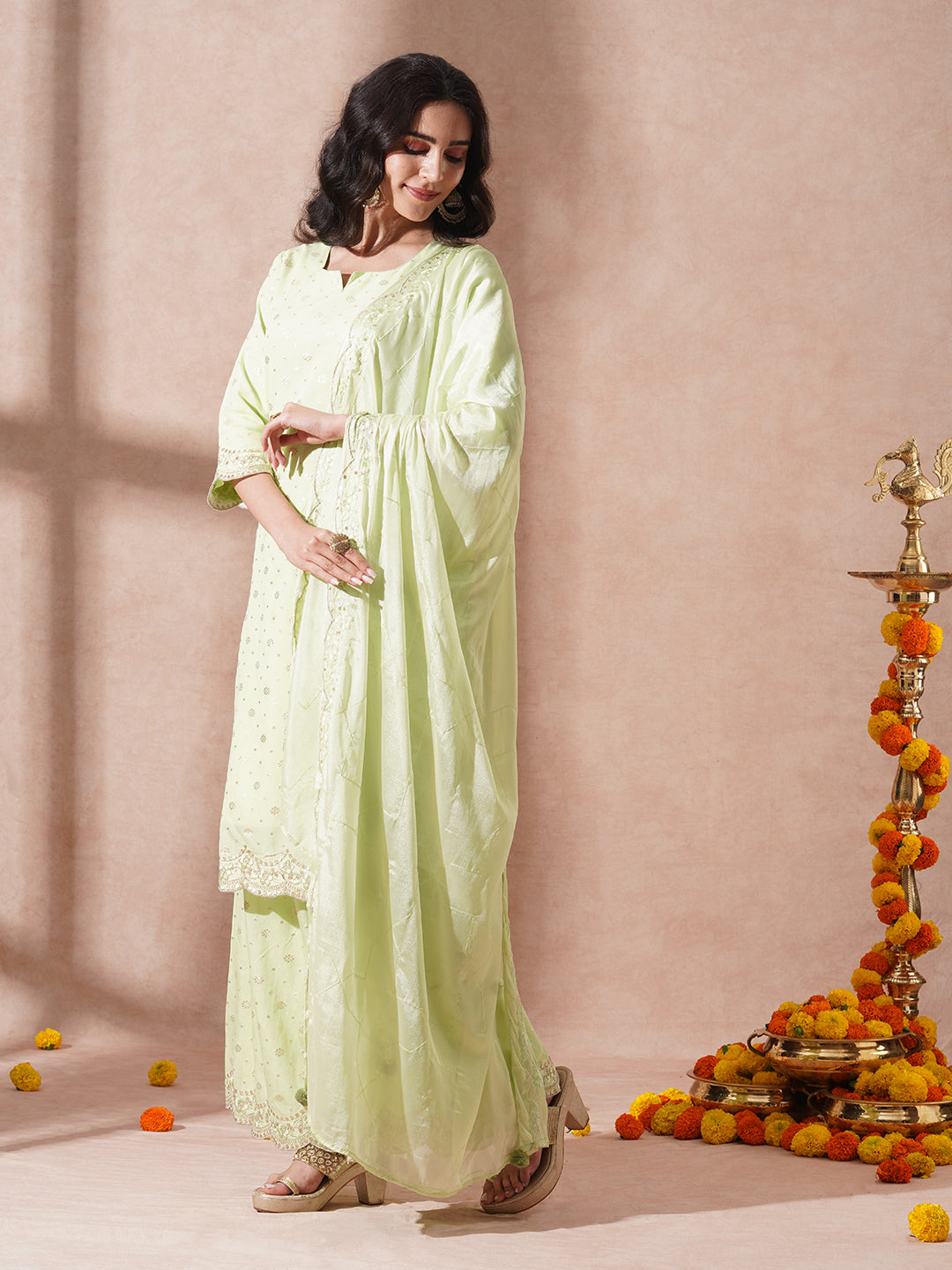 Ethnic Jacquard Woven & Embroidered Straight Fit Kurta with Sharara and Dupatta - Light Green