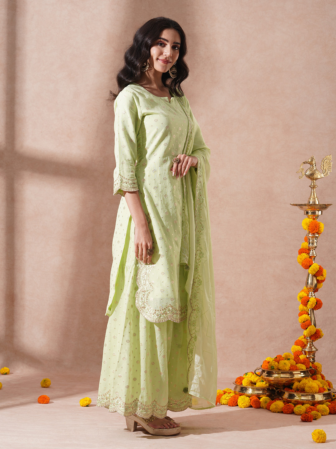 Ethnic Jacquard Woven & Embroidered Straight Fit Kurta with Sharara and Dupatta - Light Green