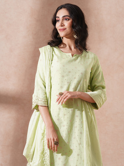 Ethnic Jacquard Woven & Embroidered Straight Fit Kurta with Sharara and Dupatta - Light Green