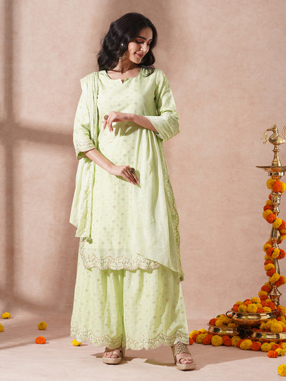 Ethnic Jacquard Woven & Embroidered Straight Fit Kurta with Sharara and Dupatta - Light Green