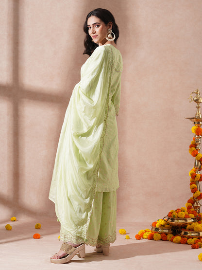 Ethnic Jacquard Woven & Embroidered Straight Fit Kurta with Sharara and Dupatta - Light Green