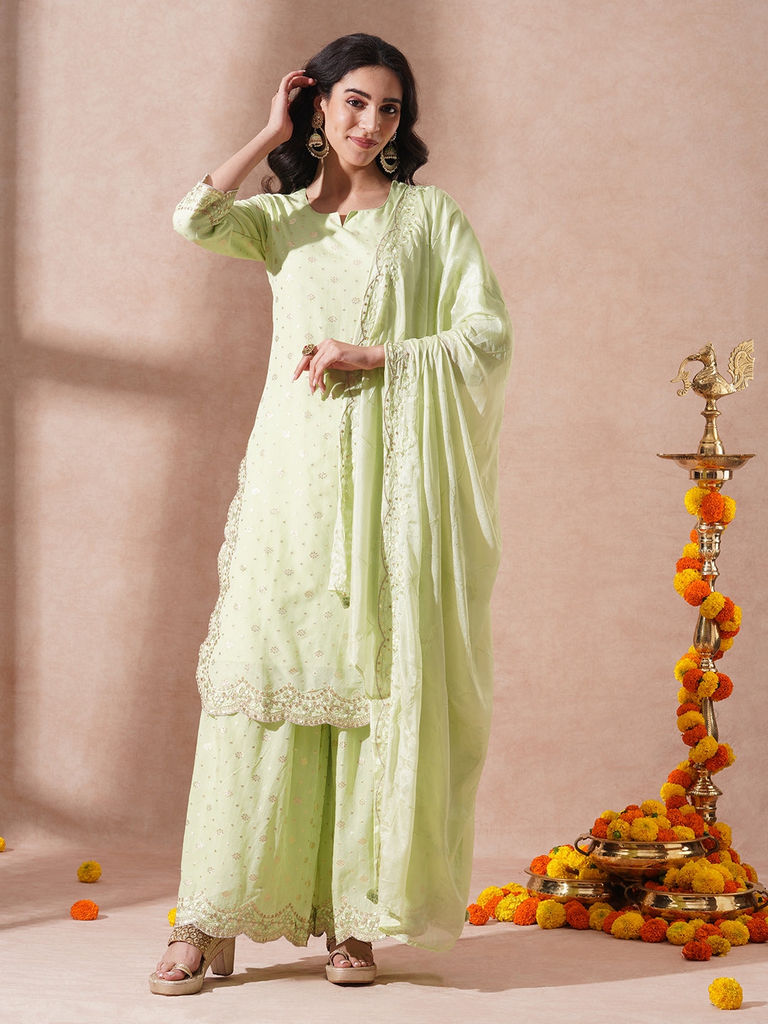 Ethnic Jacquard Woven & Embroidered Straight Fit Kurta with Sharara and Dupatta - Light Green