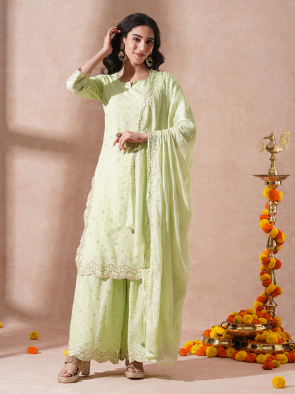 Ethnic Jacquard Woven & Embroidered Straight Fit Kurta with Sharara and Dupatta - Light Green