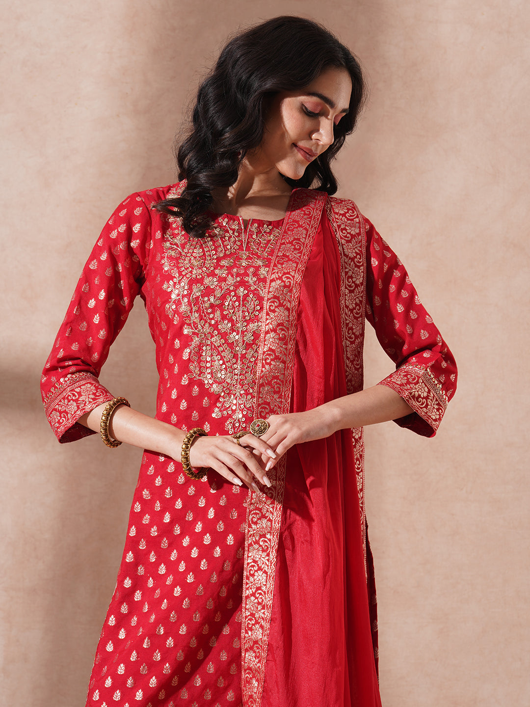 Ethnic Woven & Embroidered Straight Kurta with Pant & Dupatta - Red